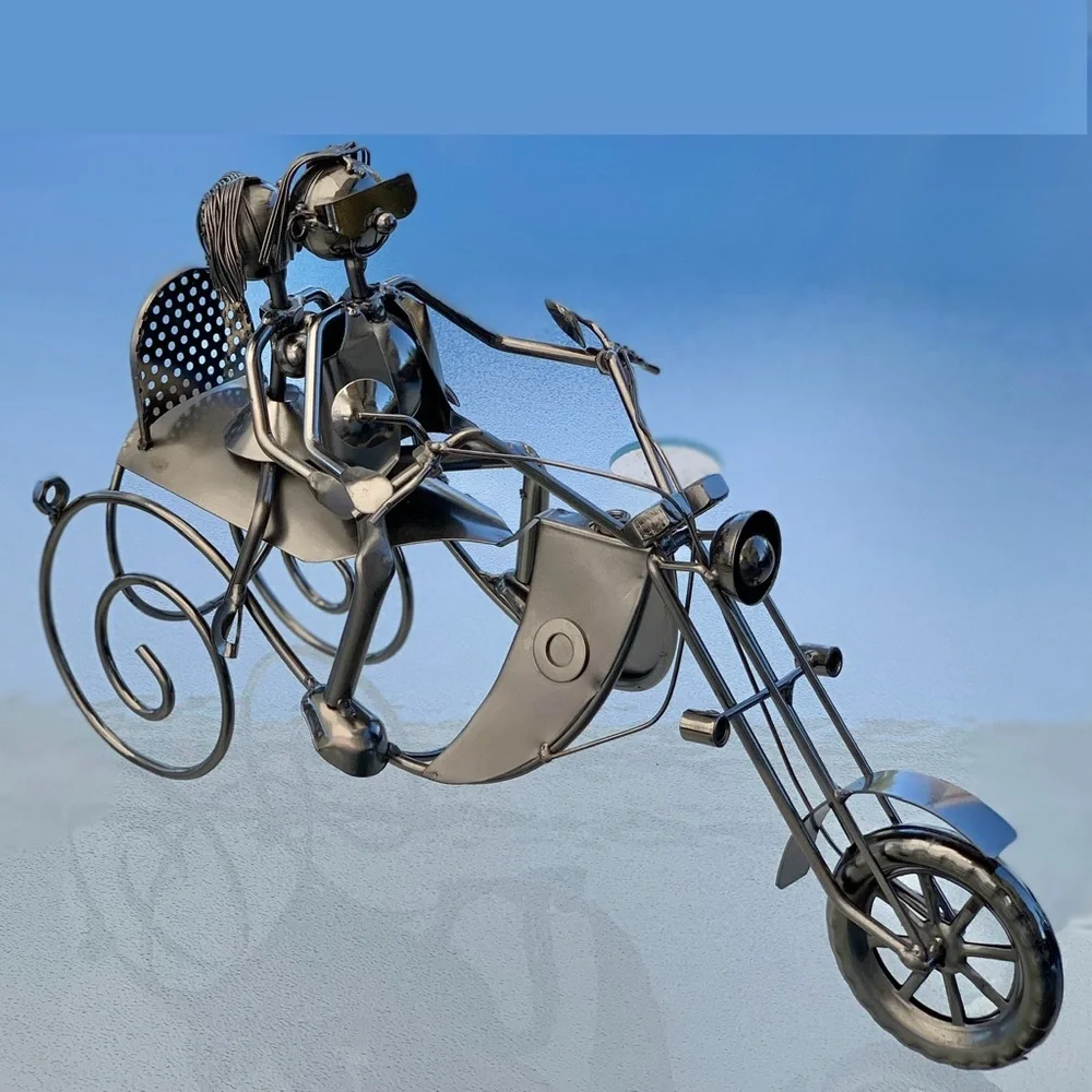 Couple On A Motorcycle Single Wine Bottle Holder Metallic Sculpture
